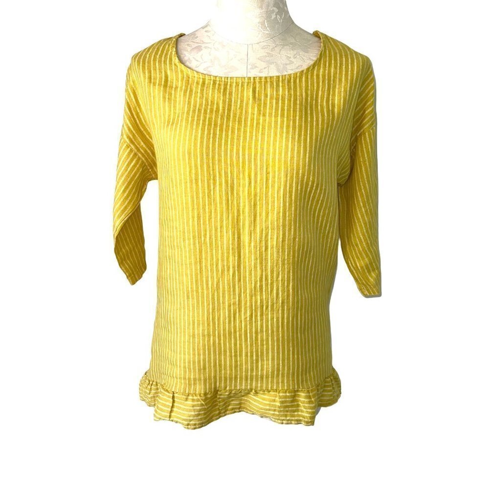 Lungo L'arno Linen Top Womens Size Small S Striped Ruffle Bottom Detail Yellow